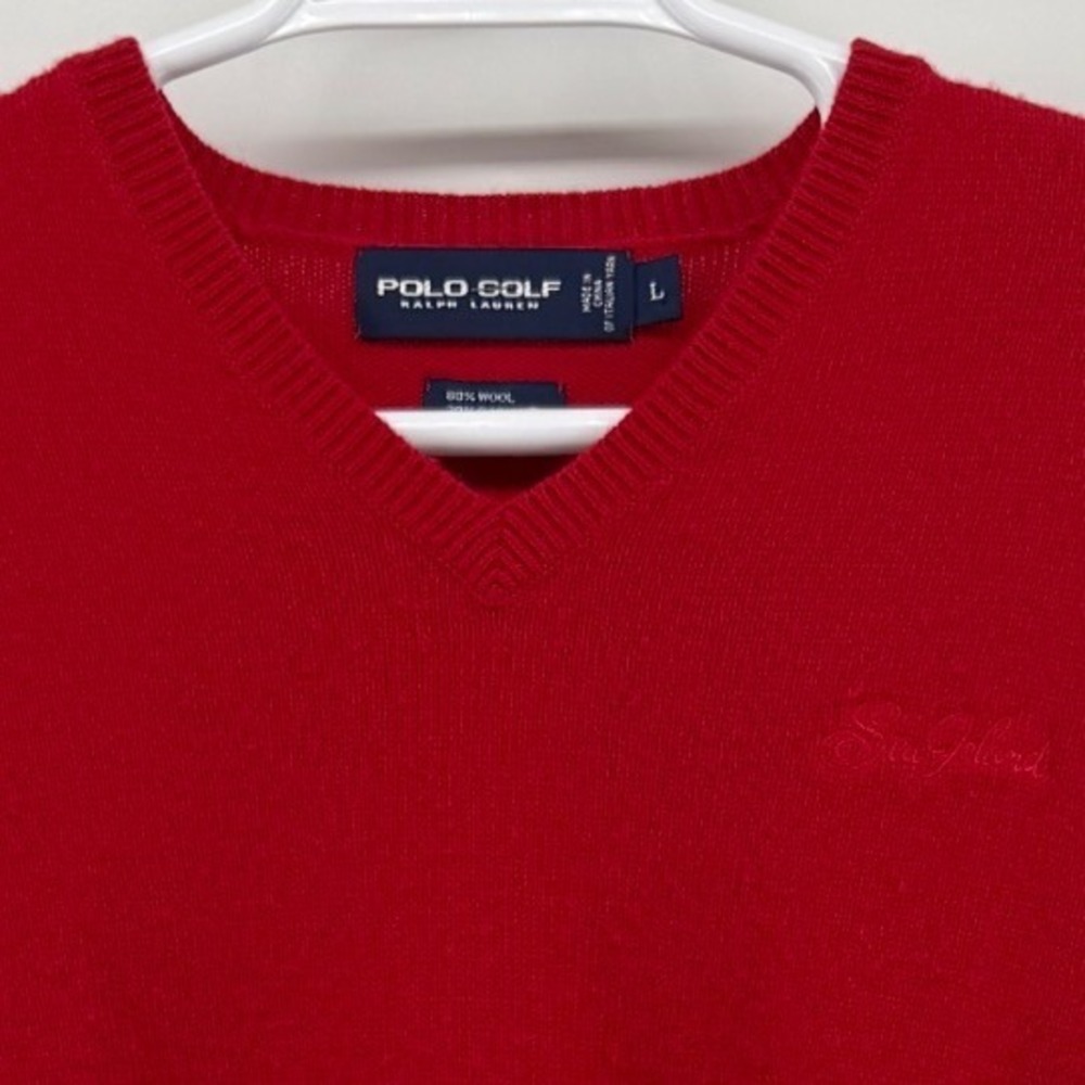 Polo Golf Ralph Lauren Red Wool Cashmere V-Neck Sweater Mens‎ Large Sea Island